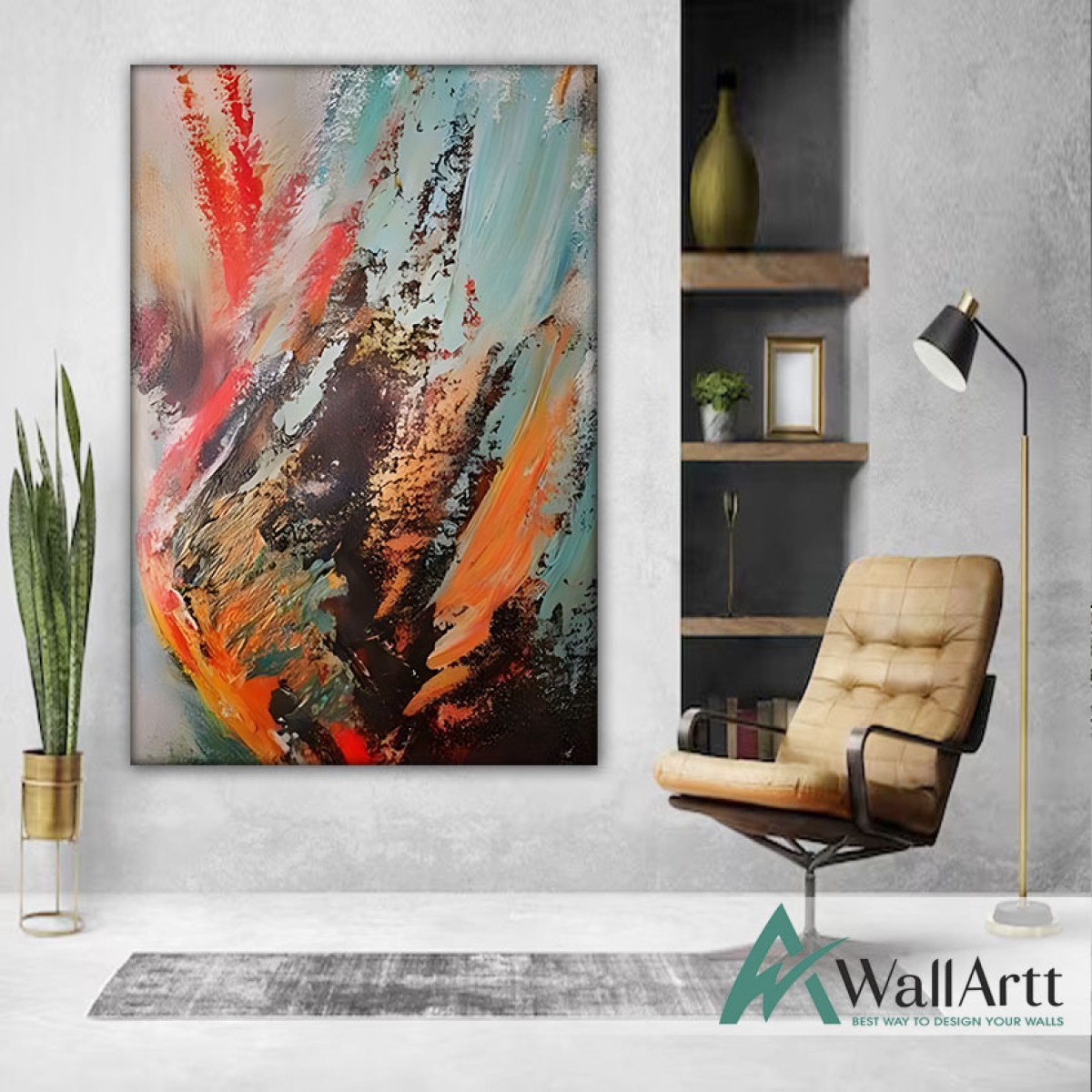 Abstract Orange Flame Textured Partial Oil Painting - Wall Art